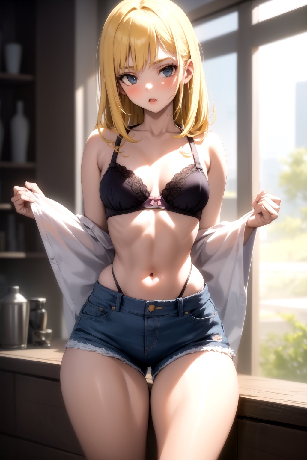 <lora:thicc_v2.3:2>1girl, cowboy shot, thighs, blonde hair, denim shorts, small breasts, bra,, masterpiece, best quality, highly detailed