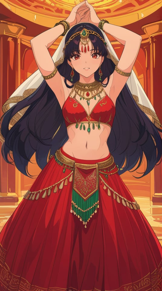 (best quality), ((masterpiece)), (highres), illustration, original, extremely detailed,  <lora:城静时光茶香美:0.7>1girl, solo, jewelry, long hair, navel, black hair, necklace, armpits, earrings, veil, arms up, skirt, midriff, looking at viewer, long skirt, head chain, red skirt, breasts, dancer, armlet