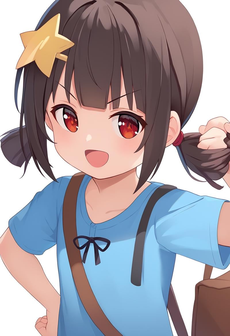 komekko,   star hair ornament, brown eyes, sidelocks, short twintails, child, closed mouth, red eyes, hair ornament, star \(symbol\), short sleeves, simple background, smile, open mouth, looking at viewer, holding bag, hair over one eye, v-shaped eyebrows, :d, white background, brown hair, medium hair, hand on own hip, blunt bangs, holding, standing, brown bag, twintails, bag, black hair, shirt, blue shirt, holding hair, score_9,  sfw <lora:pony_char_komekko:1>