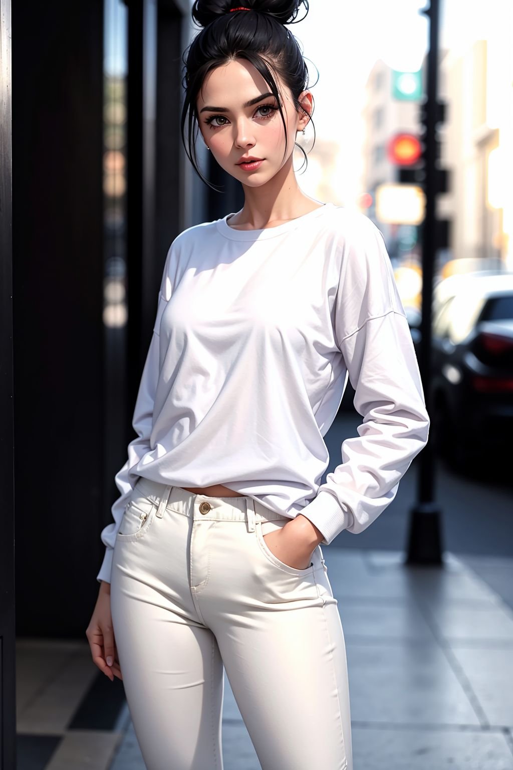 masterpiece, best quality,standing, black hair bun,cold face, full body,  jacket, white T-shirt, casual pants, (Fashionable clothing), happy, light effect, soft, super clear, high-definition picture, (front)