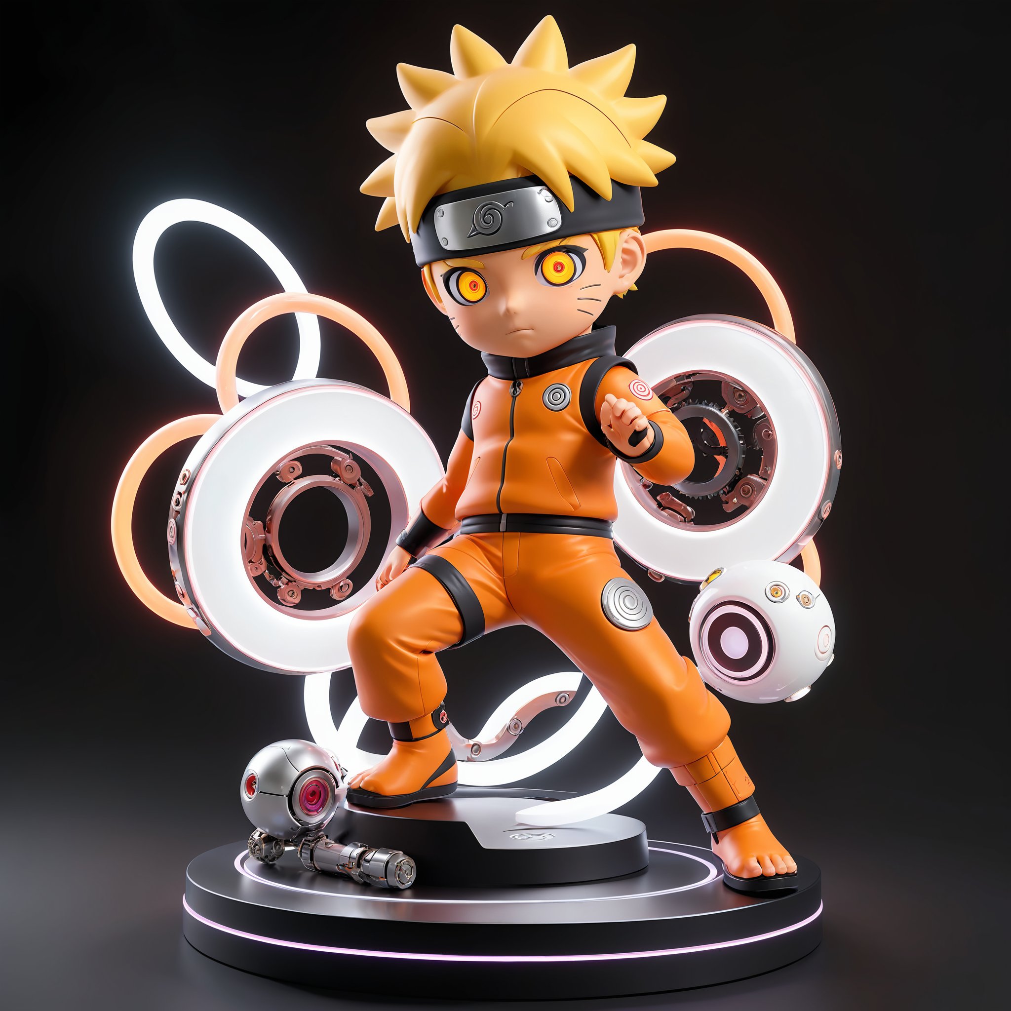 (best quality,8K,highres,masterpiece),ultra-detailed,(cute,Naruto Uzumaki),Naruto Uzumaki in a 3D rendering with a cyborg twist. His body features neon glowing body parts,giving him a mechanical and colorful appearance. Despite the cyborg enhancements,Naruto retains his characteristic cuteness,blending elements of technology and charm in a visually captivating manner.