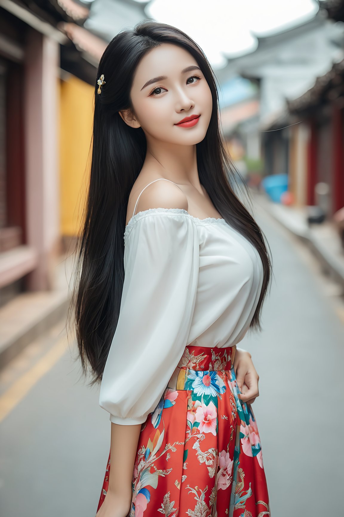 masterpiece,  best quality,  realistic,  photo,  real,  incredibly_absurdres,  Ultra HD, Affectionately looking at you, 8K, UHD, in the vietnamese city street,  full body,  arms behind head, arms behind back,  bust photo, masterpiece,  best quality,  realistic,  photo,  real,  incredibly_absurdres,  Ultra HD, Affectionately looking at you, 8K, UHD, in the vietnamese city street,  full body,  arms behind head, arms behind back,  bust photo, The 20-year-old vietnamese girl, She has black hair,  boho_chic maxi skirt with prints outfit,  The lines of her face are soft and smooth. Her skin is as fair as snow,  soft and delicate,  and her eyes are bright and bright,  deep and mysterious,  making people feel endless charm and appeal. The eyebrows are slender and graceful,  the nose is straight and noble,  the lips are rosy and seductive,  and the slightly raised angle reveals confidence and elegance. Her facial features are delicate and three-dimensional,  with well-defined contours,  like a fine painting or a finely carved work of art. The overall feeling is gentle,  elegant,  noble and full of charm,  huge_filesize,  bust,  girl,  kawaii,  adorable girl,  bishoujo,  ojousama,  idol,  wavy hair,  long hair,  black hair,  beautiful detailed eyes,  looking at viewer,  seductive smile,  black eyes,  large breasts,  arms behind back