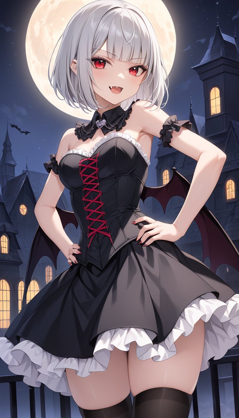 masterpiece, young vampire 1girl, silver hair, bob cut hair, blunt bangs, red eyes, fang, black gothic dress, frilled skirt, corset, bat wings, hands on hip, tights, nighttime town, moon,