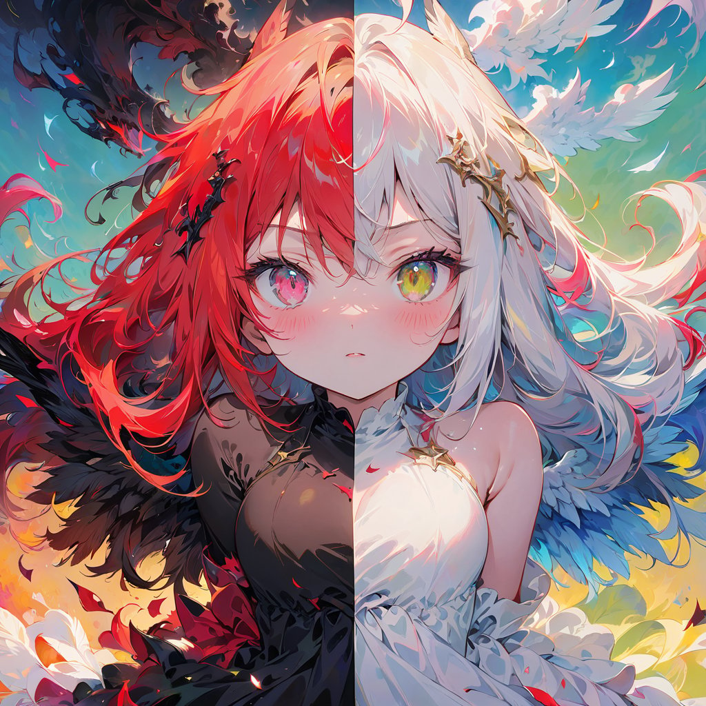 A split art style image featuring an angel on one half and a demon on the other,forming a stark contrast between purity and evil. The image is in high definition,with detailed features of both the angel and the demon,sharp focus,and vibrant colors, score_9,score_8_up,score_7_up,(masterpiece,best quality,ultra-detailed,very aesthetic, absurdres)