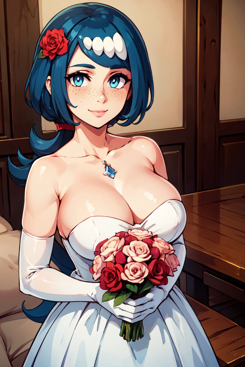 ((masterpiece,best quality)), absurdres,  BREAK,, <lora:Lanas_Mother_Pokemon:0.8>, zzLanasMother, blue hair, blue eyes, long hair, freckles, large breasts, hair ornament, , BREAK, bride, wedding dress, bridal veil, strapless dress, elbow gloves, holding bouquet,, BREAK, solo, smile, looking at viewer, cowboy shot,