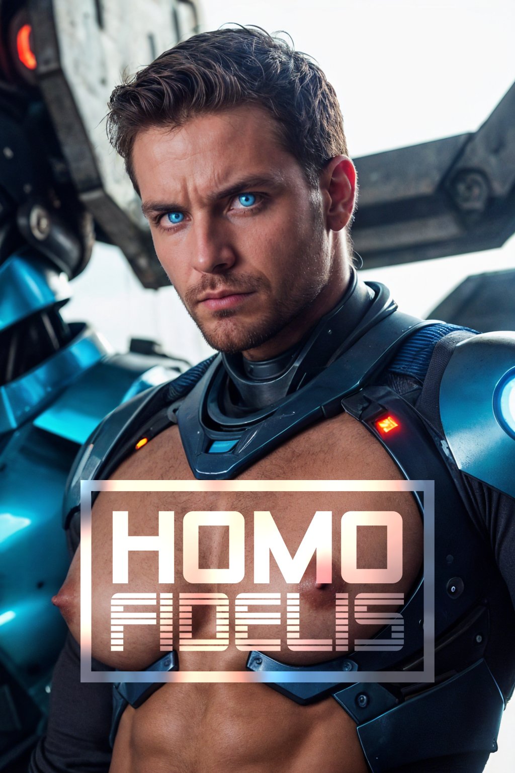 photo of a man wearing a worn mech suit, (30 years old), chiseled jaw, (rusted metal), sharp focus, soft lighting, vibrant colors, (glowing blue robot eyes), face portrait, (extreme face close-up:1.2), upper chest, science fiction, beard, dynamic angle, (angry), cinematic photography, pectorals, abs, (from side:0.8), looking at viewer, dynamic pose, surreal, realistic, highly detailed, realistic eyes, intricate details, detailed background, depth of field, (large pectorals:1.4), (puffy nipples:1.4), (puffypecs:1.4)