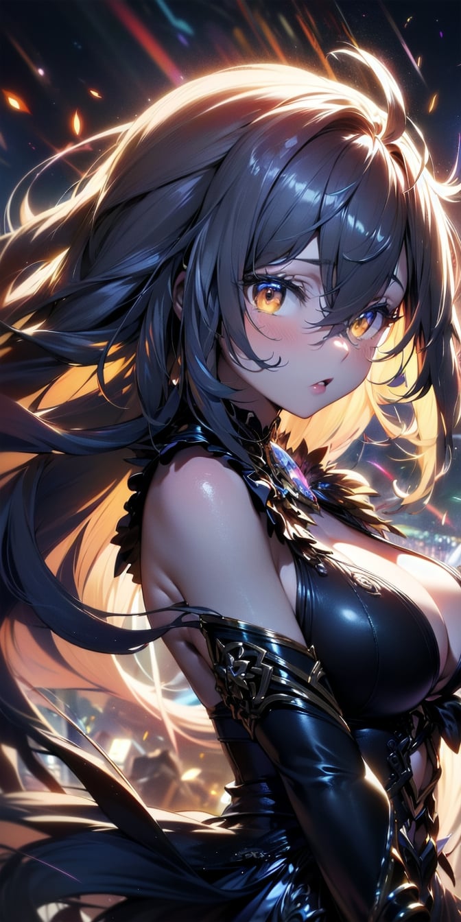 <lora:apstyle3diff:0.75> apstyle3 apstyle masterpiece best quality detailed eyesmasterpiece best quality 1girllong hair (messy hair floating :1.25) severe flow(night dark shadow darkness:1.2)(sunbeam light grow luminescence :1.475)black background blacklarge breasts cleavageupper body  looking at viewer<lora:detail_slider_v4:1.05>