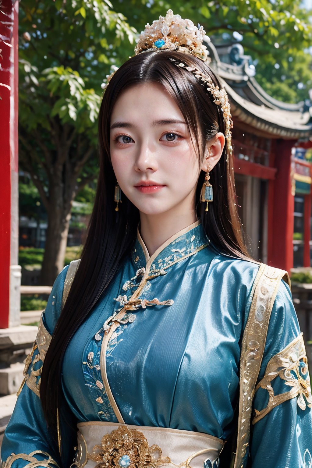 CAFC,1girl,solo,long hair,blue clothes,earrings,jewelry,hair accessories,upper body,suburban scenery,east asian,chinese style architecture,