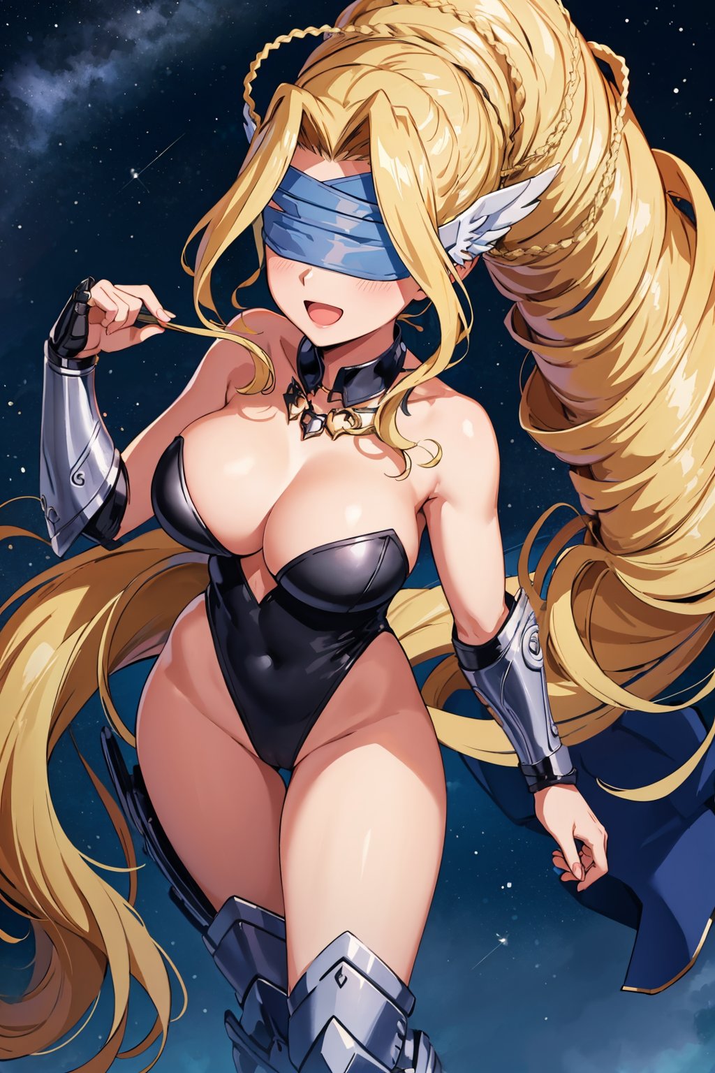 masterpiece, best quality, <lora:venusmon-nvwls-v1-000009:0.9> venusmon, very long hair, ponytail, blindfold, black leotard, cleavage, vambraces, armored boots, large breasts, :D, leaning forward, night, night sky