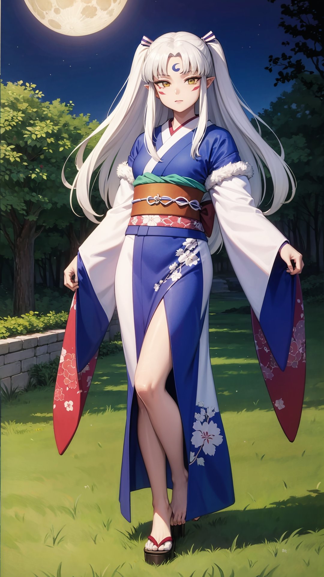 (masterpiece, best quality),ray tracing,absurdres, HDR,Sesshomaru imoto, 1girl, japanese clothes, solo, kimono, long hair, white hair, crescent, forehead mark, full body, facial mark, pointy ears, d, sash,fur,  two side up, fur, obi, yellow eyes, moon on the forehead, barefoot,looking at viewer, <lora:Sesshomaru imoto:0.7>