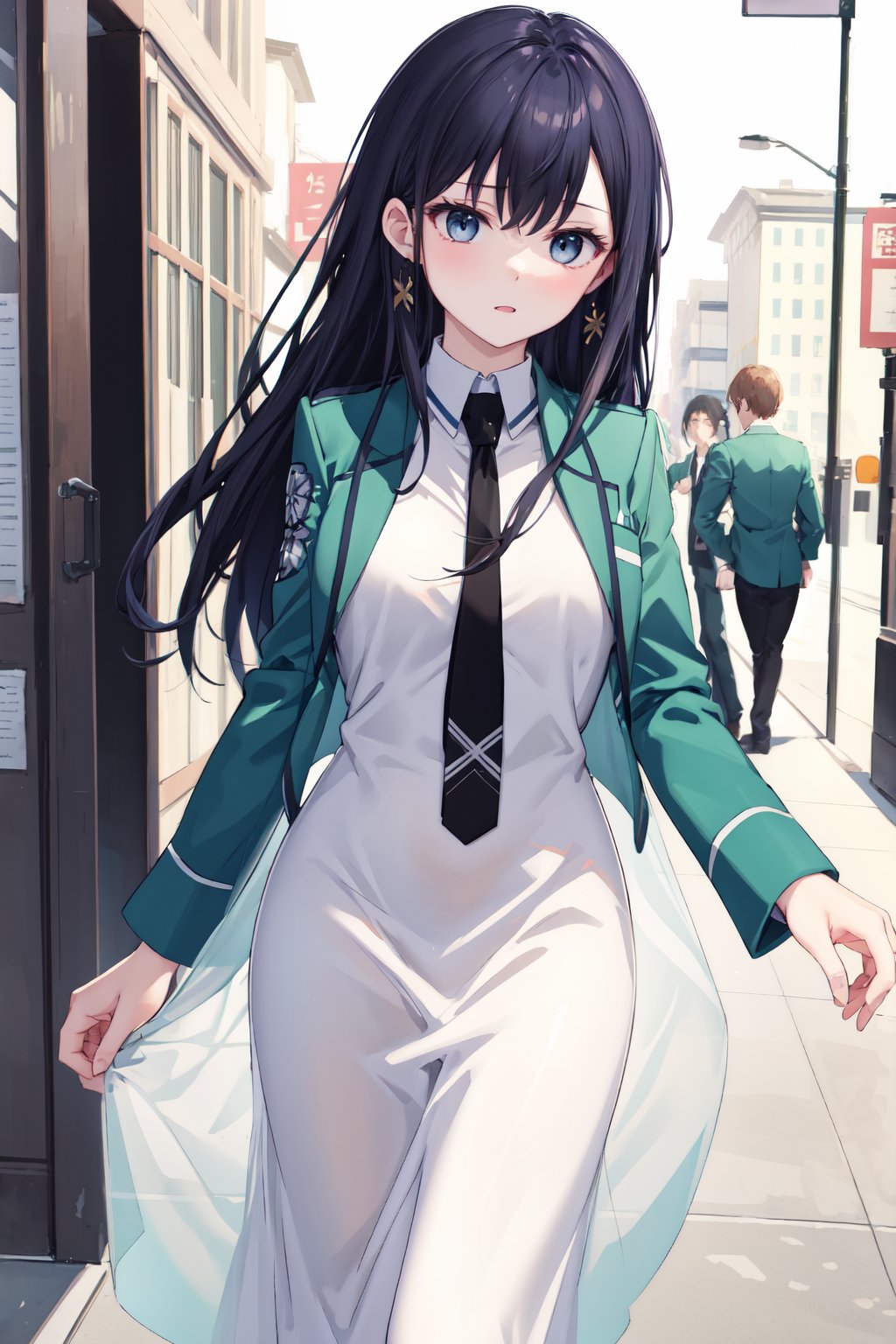 <lora:細節-繁雑度:0.5>,masterpiece,best quality,highres,ultra-detailed,1girl,standing,magic_high_school_uniform,green jacket,white dress,black necktie,<lora:magic_high_school_uniform-01:0.7>,