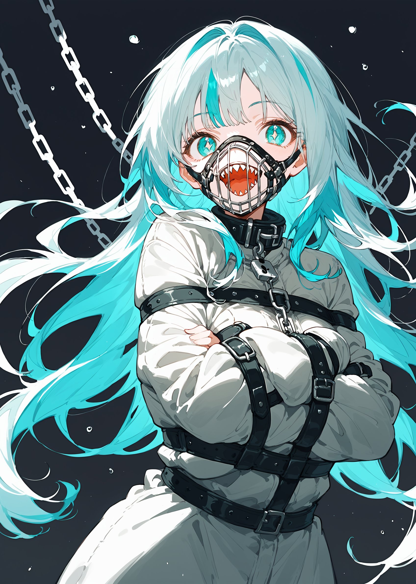 (score_9, score_8_up, score_7_up), 1girl, solo, cornsilk colored hair, long hair, medium-aquamarine eyes, muzzle_mask, small breasts, straitjacket, chain, lock, open mouth, sharp teeth, smile, dynamic pose, cowboy shot, simple background, <lora:muzzle:0.6>