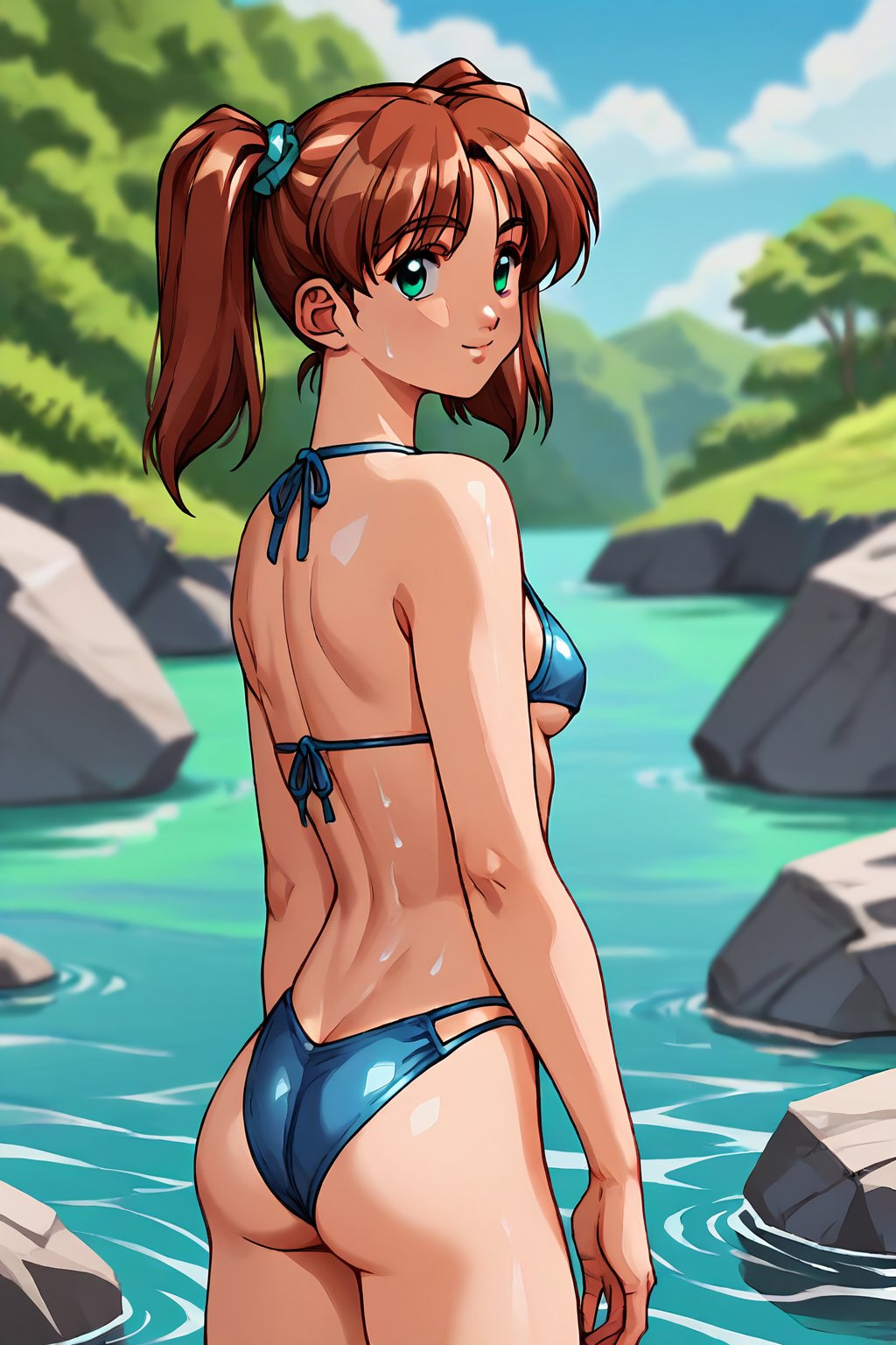 score_9, score_8_up, score_7_up, score_6_up, score_5_up, score_4_up, source_anime, s_m_tooru, 1990s \(style\), retro artstyle,1girl, solo, water, bikini, ass, looking back, wet, smile, outdoors, day, looking at viewer, tight body,standing, short twintails,masterpiece, perfect face, best quality, beautiful girl, blurry background, cute girl, beautiful eyes, shiny eyes, anime coloring, anime screencap, absurdres, <lora:s_m_tooru auti:0.8>