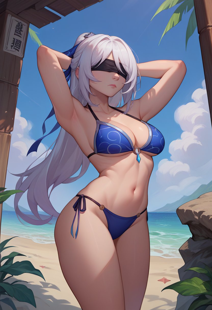 score_9, score_8_up, score_7_up, solo, 1girl, hsrjingliu, expressionless, looking at viewer, standing, arm behind head, white hair, high ponytail, black blindfold, blue bikini, side-tie bikini bottom, cleavage, outdoors, beach <lora:hsr_jingliu_ponyXL:1>