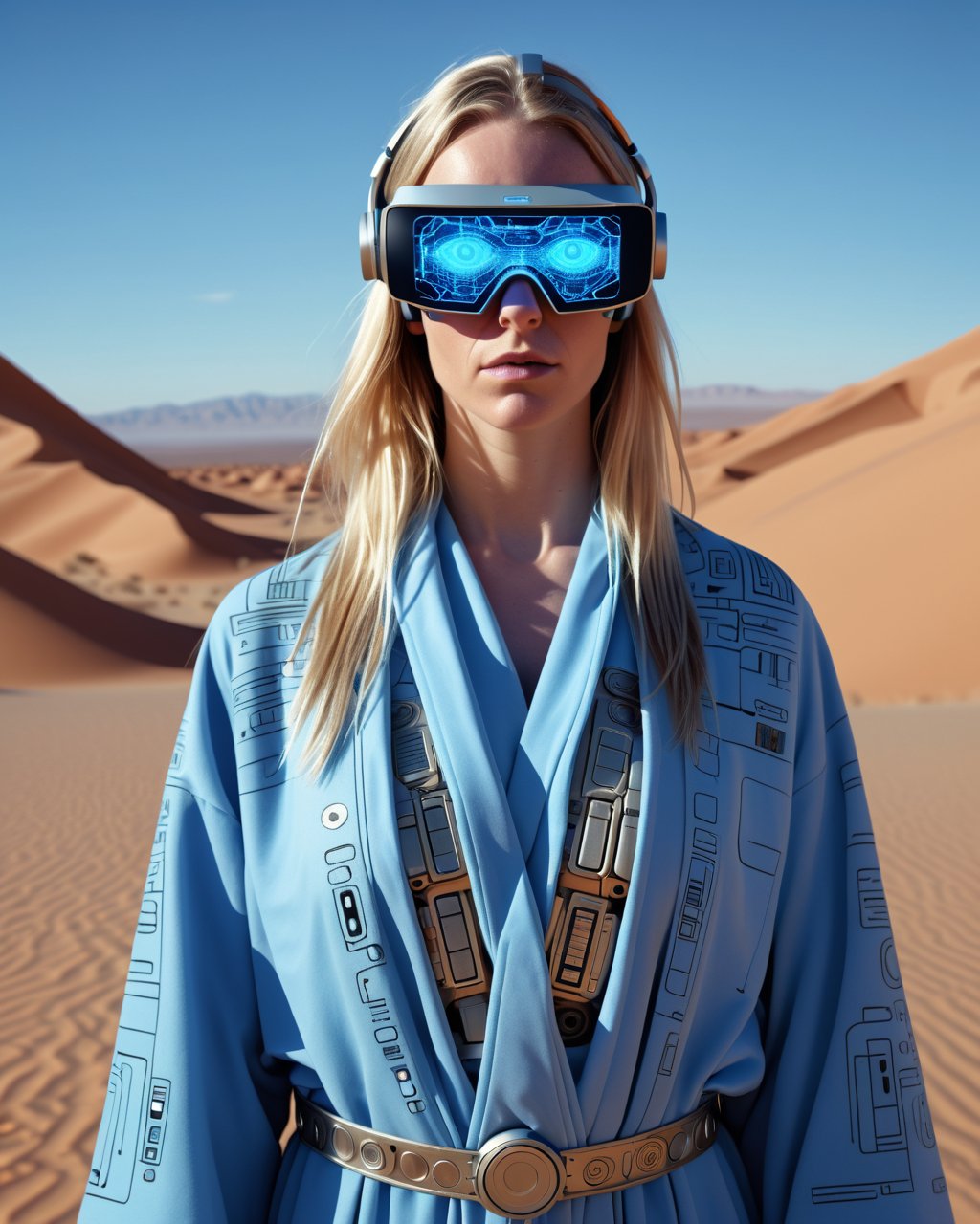 Fragmentation of forms, motherboard, speakers, music playback, people in robes, blue eyes, desert, ancient keepers of secret knowledge covered with augmented reality, portrait, realistic photo, professional photo