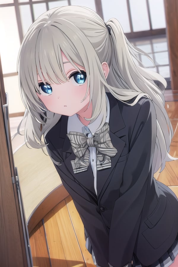 hotaruhiraiwa, <lora:hotaru hiraiwa s1-lora-nochekaiser:1>,hotaru hiraiwa, long hair, bangs, blue eyes, grey hair,BREAK skirt, long sleeves, school uniform, jacket, socks, black skirt, two side up, black jacket, kneehighs, blazer, black socks, bow, bowtie, stripped, stripped bowtie,BREAK indoors, classroom,BREAK looking at viewer, (cowboy shot:1.5),BREAK <lyco:GoodHands-beta2:1>, (masterpiece:1.2), best quality, high resolution, unity 8k wallpaper, (illustration:0.8), (beautiful detailed eyes:1.6), extremely detailed face, perfect lighting, extremely detailed CG, (perfect hands, perfect anatomy),