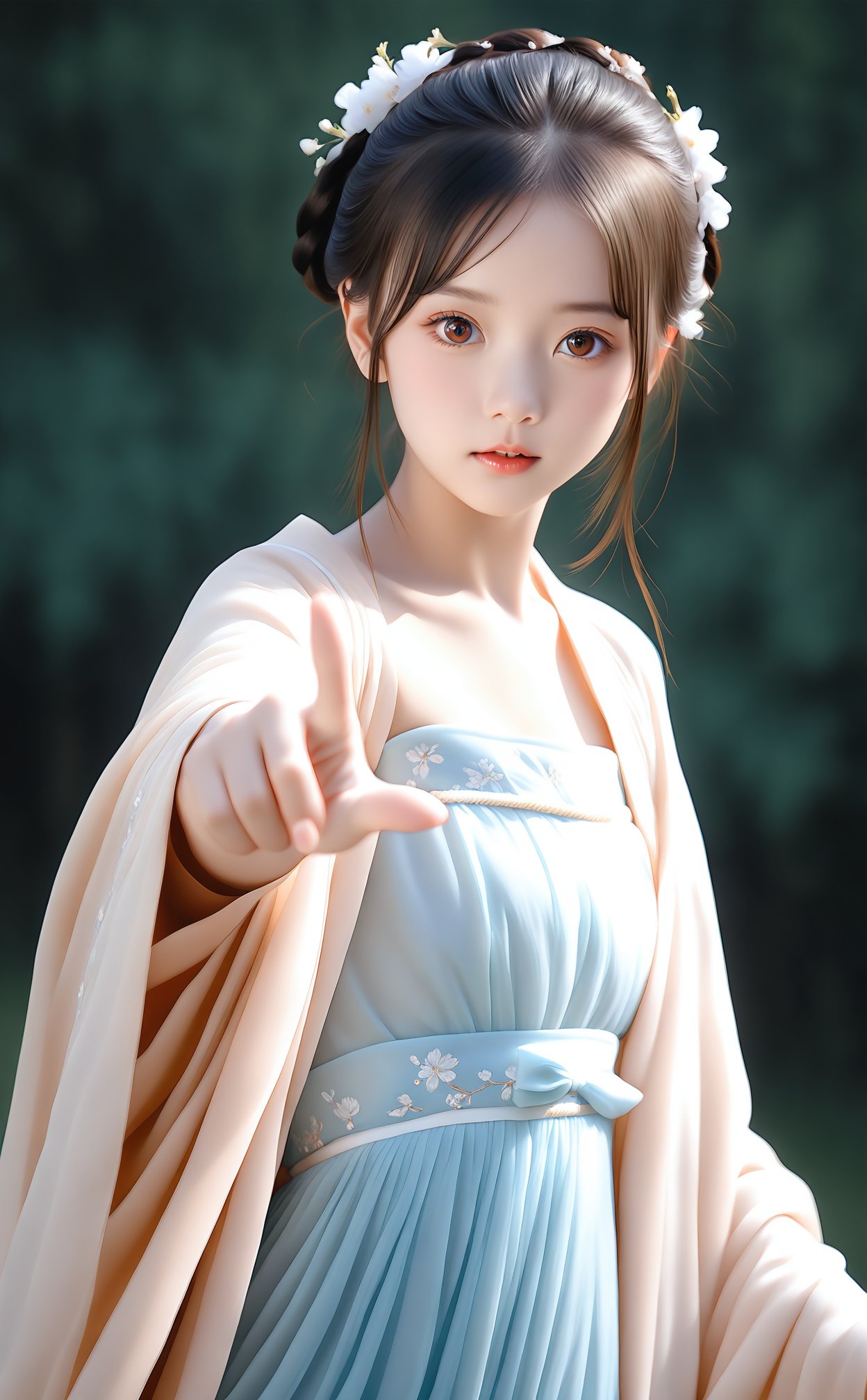 masterpiece,best quality,high quality,1girl,hanfu,pointing at viewer,realistic,