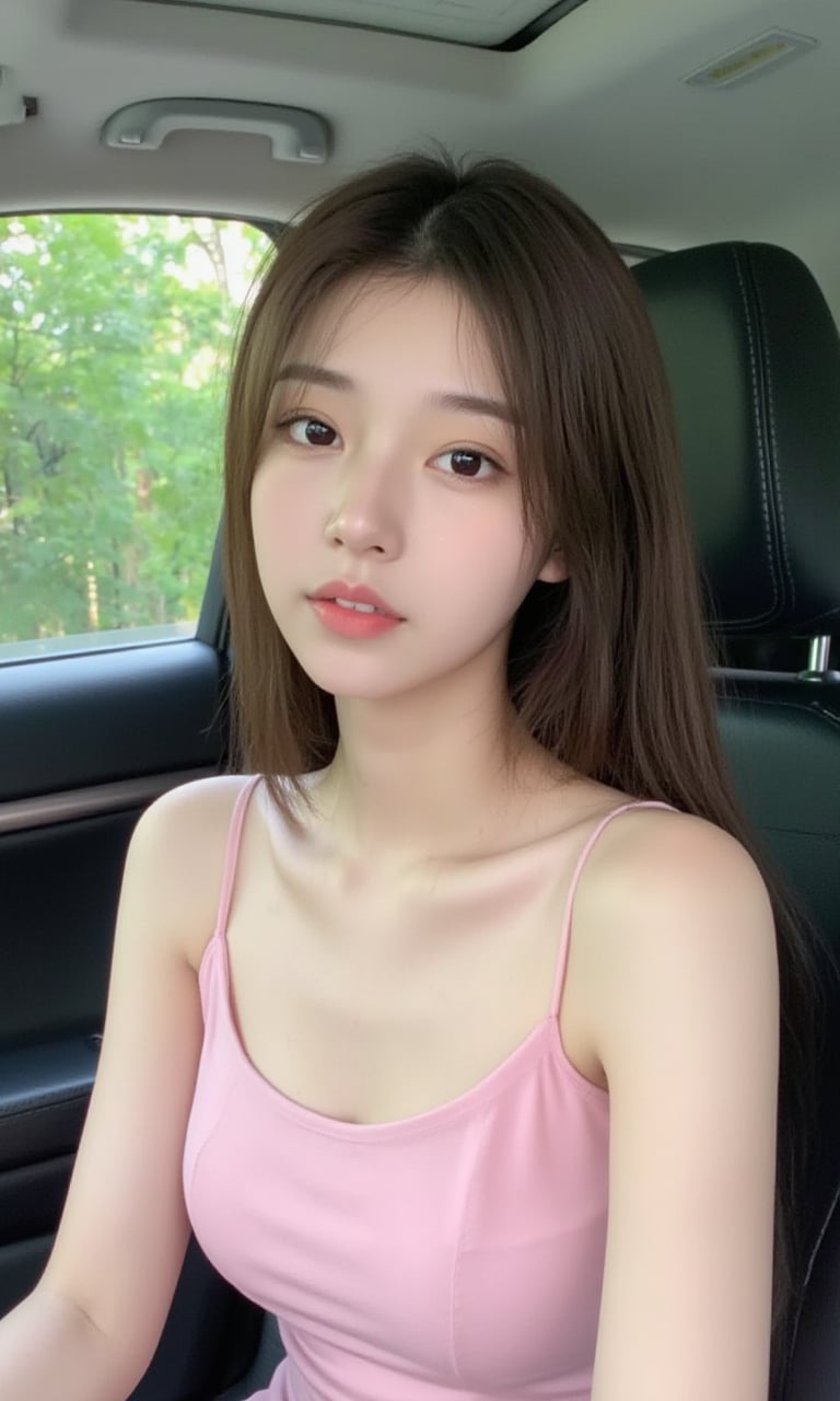 This is a real high-definition photo,This is a high-resolution, everyday scene image with a natural style. The content of the image shows a young female wearing a pink sundress sitting in the rear seat of a car. Her body is facing the right side of the frame, and her eyes are looking at the camera. She appears to be around 20 years old, female, slim, with a calm expression, wearing a pink sundress, with dark brown hair, long hair falling over her shoulders without bangs. The background consists of part of the car interior and blurred green plants outside the window.