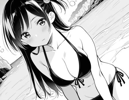 score_9, score_8_up, score_7_up, source_anime,chizuruichinose, <lora:chizuru-ichinose-manga-ponyxl-lora-nochekaiser:1>,chizuru ichinose, long hair, bangs, one side up, greyscale, monochrome,navel, cleavage, collarbone, swimsuit, bikini, side-tie bikini bottom,outdoors, beach, on side, drunk,looking at viewer, dutch angle, cowboy shot, solo,