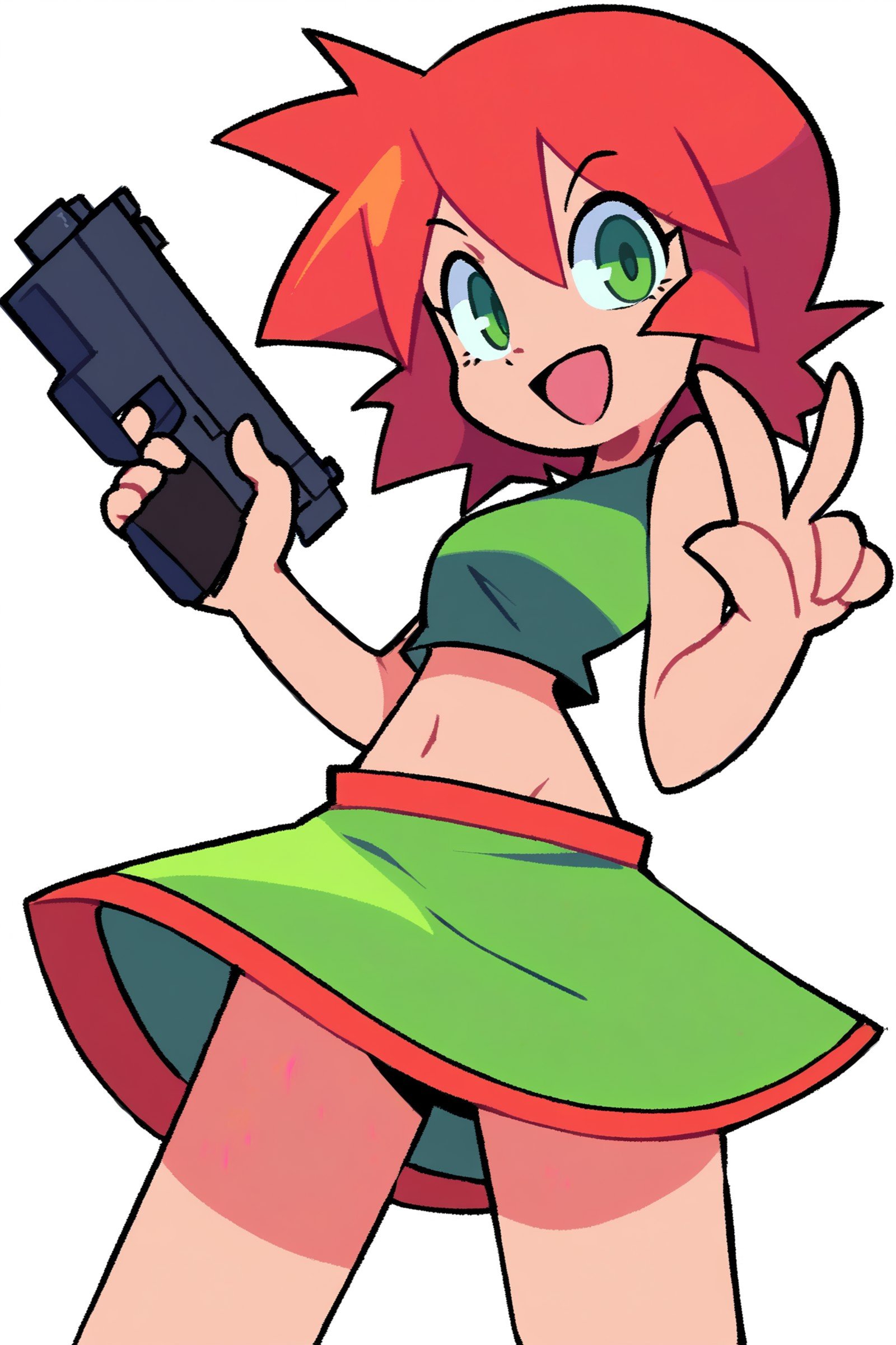 white background, standing, 1girl, red hair, short hair, green eyes, crop top, skirt, holding gun, smile, open mouth, <lora:bacun_style:1>