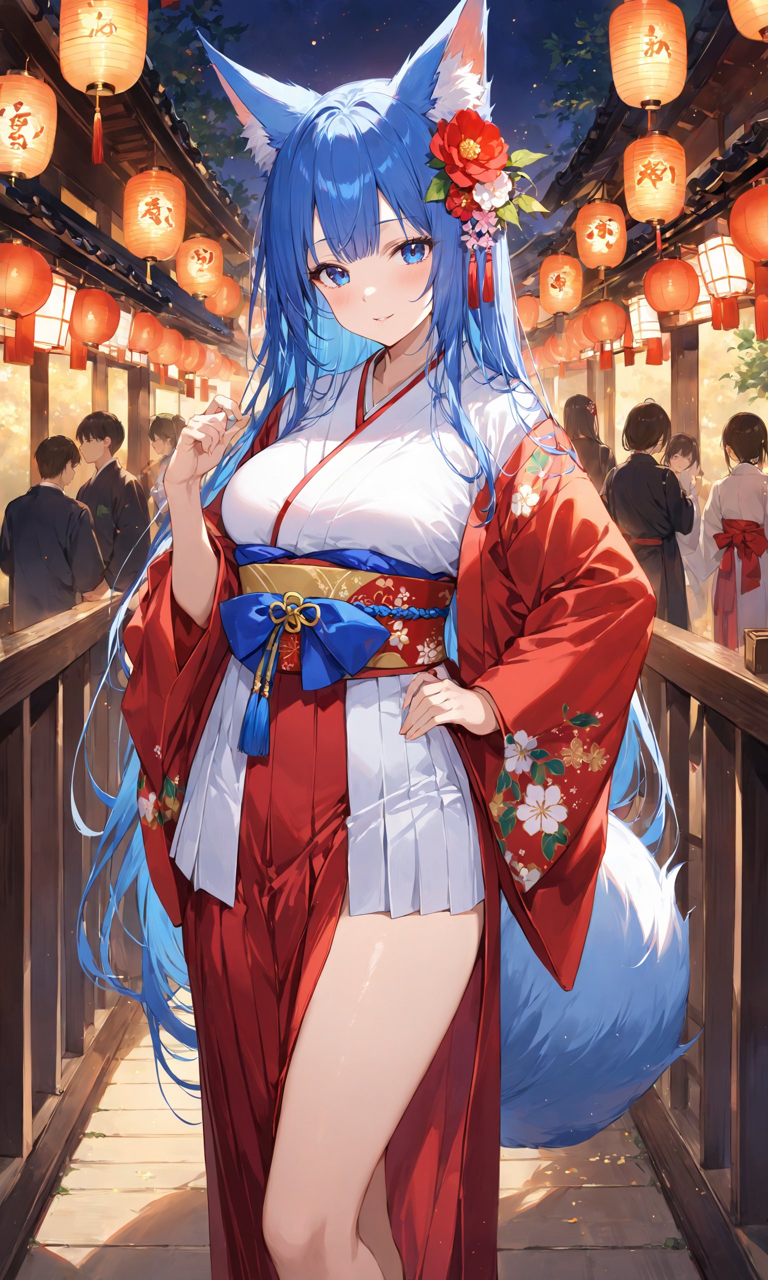 1girl, solo, long hair, breasts, looking at viewer, bangs, blue eyes, skirt, hair ornament, long sleeves, animal ears, blue hair, tail, flower, japanese clothes, hair flower, wide sleeves, kimono, hand on hip, fox ears, fox tail, fox girl, hakama, hakama skirt, lantern festival,,masterpiece, best quality, score_9, score_8_up, score_7_up, ultra-detailed, Best-A, Medium-B, Low-C, Bad-D,