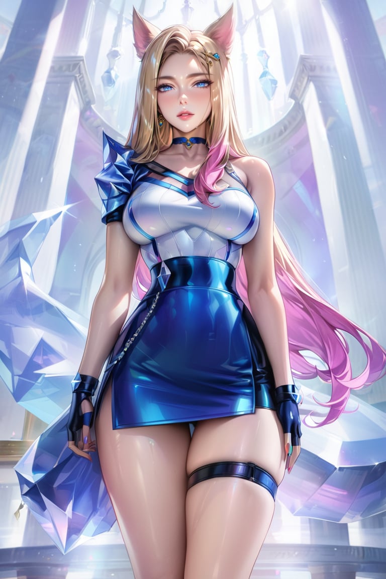 (Masterpiece), mature, HDR,UHD,8K, best quality, Highly detailed, physically-based rendering, extreme detail description, perfect skin, shiny skin, shiny hair,perfect face, 1girl, AllOut, ((asymmetrical_clothing)), blonde hair, blue eyes, pink hair, long sleeve, glove, fingerless glove, thighstrap, multicolored hair, mini skirt, thighs, facial mark, animal ears, tail, crytal, choker,Ahri, blue skirt, white top, K/DA Ahri, bare_shoulder, bare arm, ,LeagueOfLegendsAhri, long hair,ahri<lora:EMS-335737-EMS:0.600000>, <lora:EMS-388761-EMS:0.100000>, <lora:EMS-418655-EMS:0.800000>