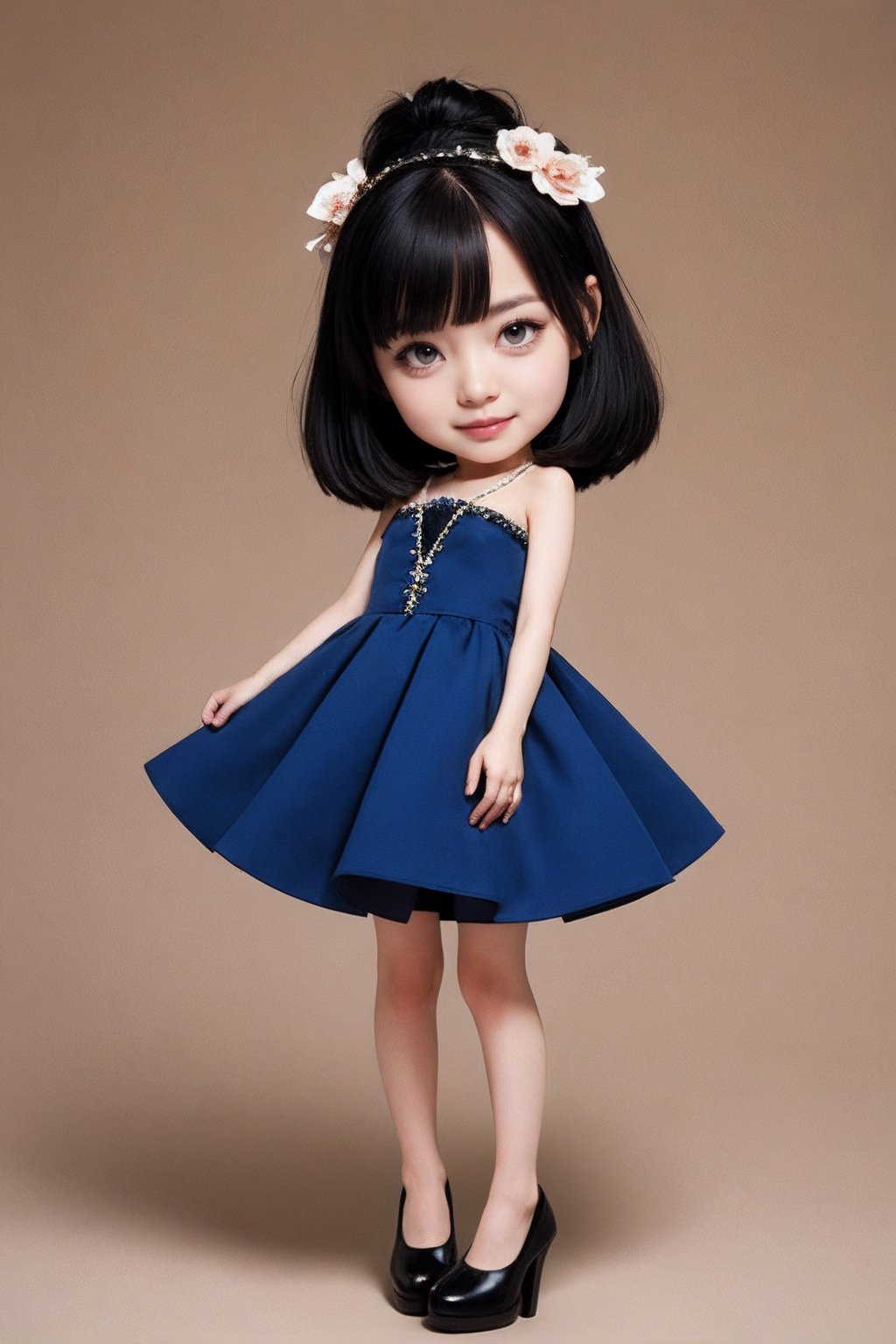 1woman,chibi,blue dress,black hair,