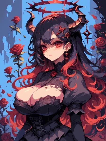 score_9, score_8_up, score_7_up, score_6_up, <lora:d3p1x3lXLP:1> d3p1x3l, pixel art, 1girl, goth, thin eyes, colored hair, portrait, red eyes, horns, halo, splash paint simple background, corset, barely contained, large breasts, bursting breasts, long hair, rose hairpin,