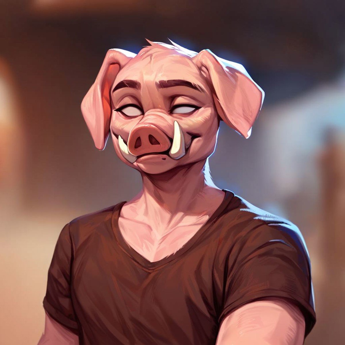 (((beautiful, high quality))), upper Body, score_9, score_8_up, score_7_up, Pidgin, furry pig, fangs, empty eyes, 1boy, male focus, brown T-shirt, looking at the viewer, posing, blurred background,