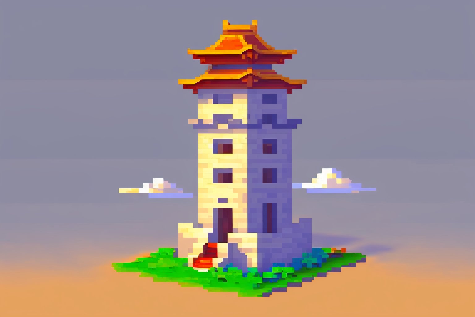 Pixel Art, 8-bit, blank_background, ancient chinese tower, High detailed