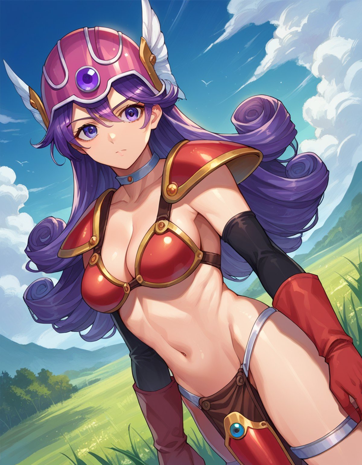 score_9, score_8_up, score_7_up, source_anime,dqsoldier, <lora:dq-soldier-ponyxl-lora-nochekaiser:1>,soldier, long hair, purple eyes, purple hair, curly hair,armor, bikini armor, choker, cleavage, elbow gloves, gloves, helmet, navel,outdoors, fields, grass,looking at viewer, dutch angle, cowboy shot,