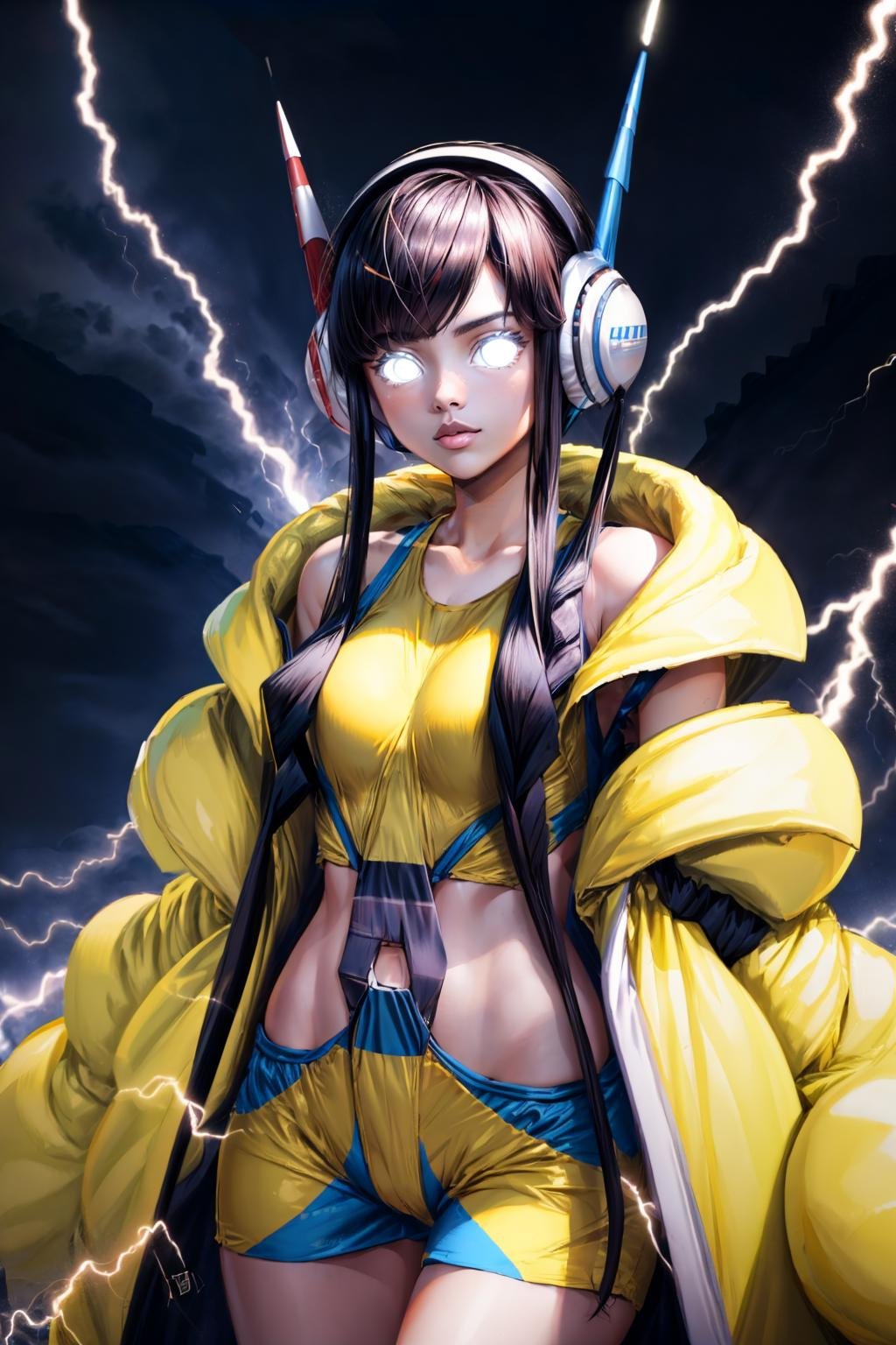 masterpiece, best quality, <lora:elesa-nvwls-v1-000010:0.9> bw2elesa, black hair, streaked hair, long sidelocks, hair ornaments, headphones, yellow jacket, puffy jacket, crop top, yellow and blue shorts  <lora:LowTierMeme:1> incrslowtier, electricity, glowing eyes