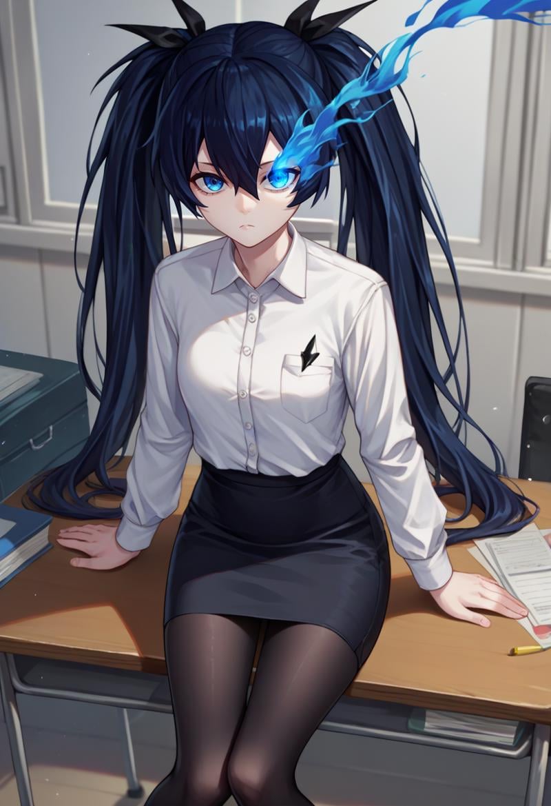 score_9, score_8_up, score_7_up, source_anime, solo, 1girl, blackrockshooter, pale skin, expressionless, looking at viewer, sitting on desk, twintails, flaming eye, white shirt, collared shirt, black skirt, pencil skirt, black pantyhose, indoors, office <lora:blackrockshooter_blackrockshooter_ponyXL:1>