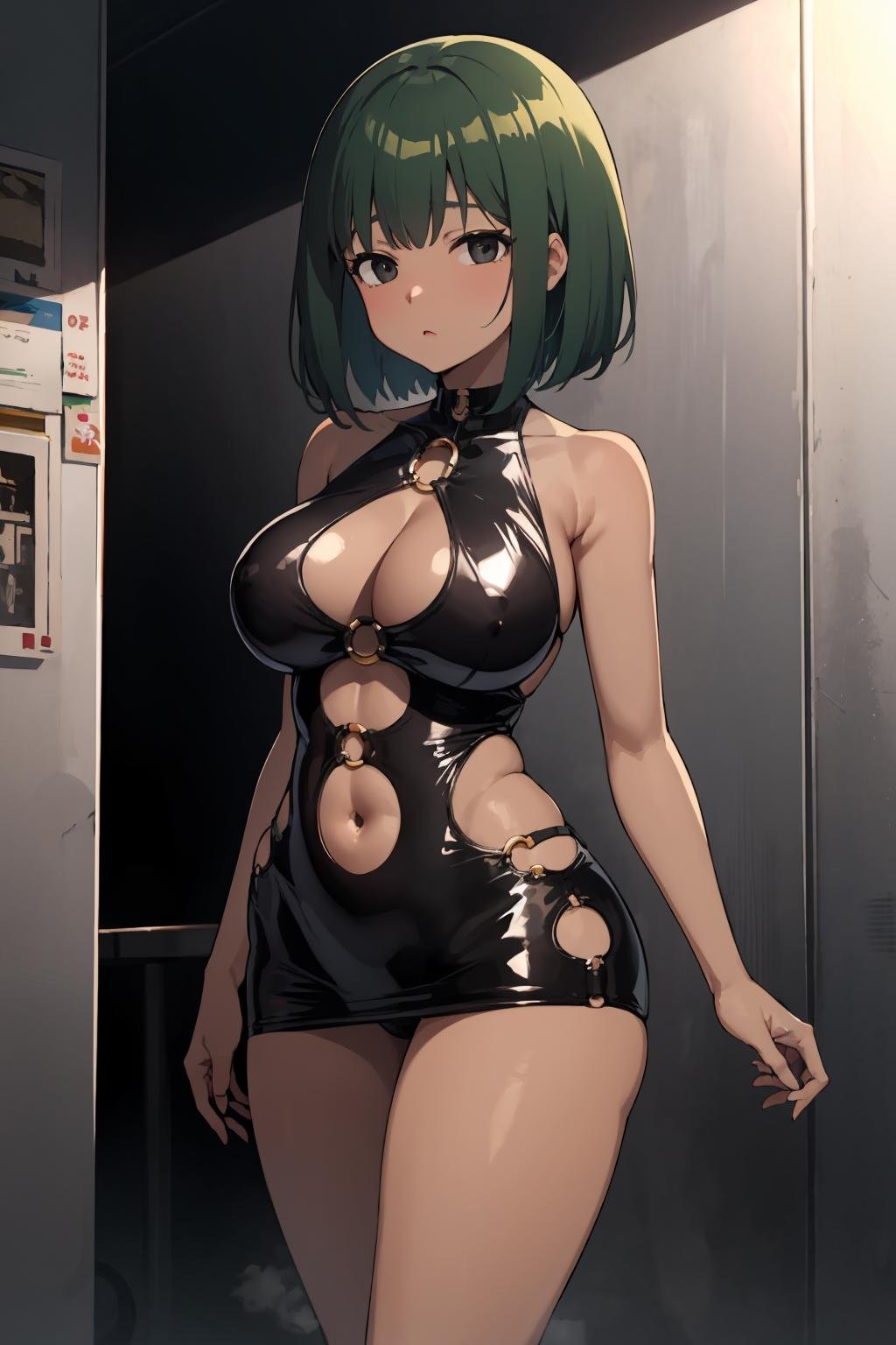 (masterpiece, high quality, highres:1),1girl,solo,<lora:bodycon-cutout-v1-wasabiya:1>,bodyconc,cleavage,o-ring,bare shoulders,navel cutout,(black eyes , green hair ),dark skin, dark-skinned female ,short hair ,,huge breasts ,