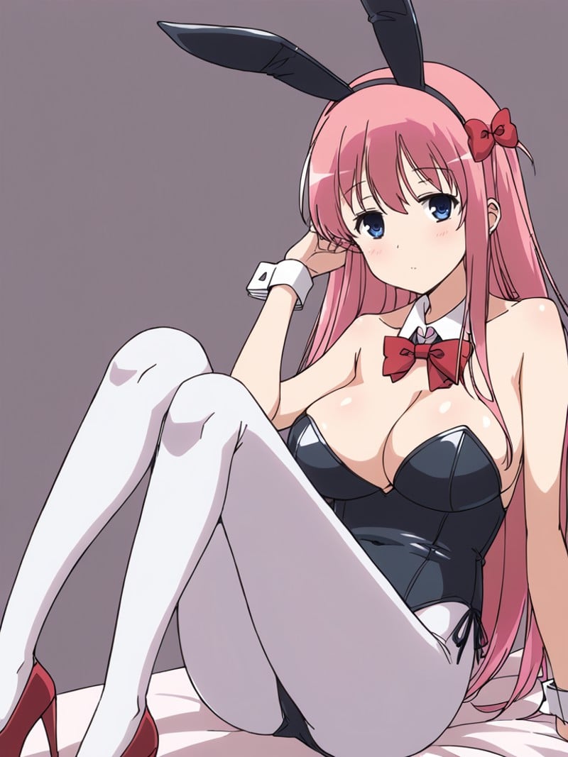 pixiv,source_anime,score_9,score_8_up,score_7_up BREAK source_anime,NSFW,animal ears,pantyhose,rabbit ears,solo,playboy bunny,bow,high heels,detached collar,bowtie,fake animal ears,wrist cuffs,leotard,looking at viewer,red footwear,red bow,bare shoulders,red bowtie,black leotard,1girl,long hair,<lora:原村和2-000015:1>,big breasts,