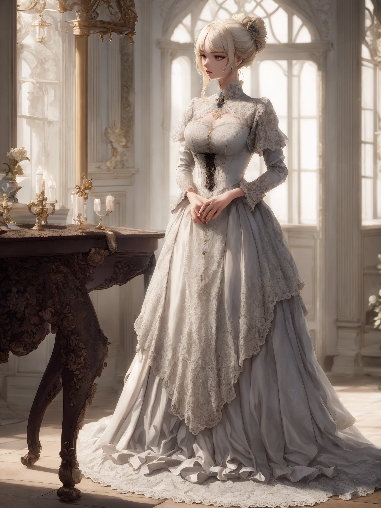 8k, masterpiece, intricately detailed, solo, nordic girl, (victorian dress), <lora:victorian_dress-1.0:0.8>, (full body), brooch, lace, bodice,