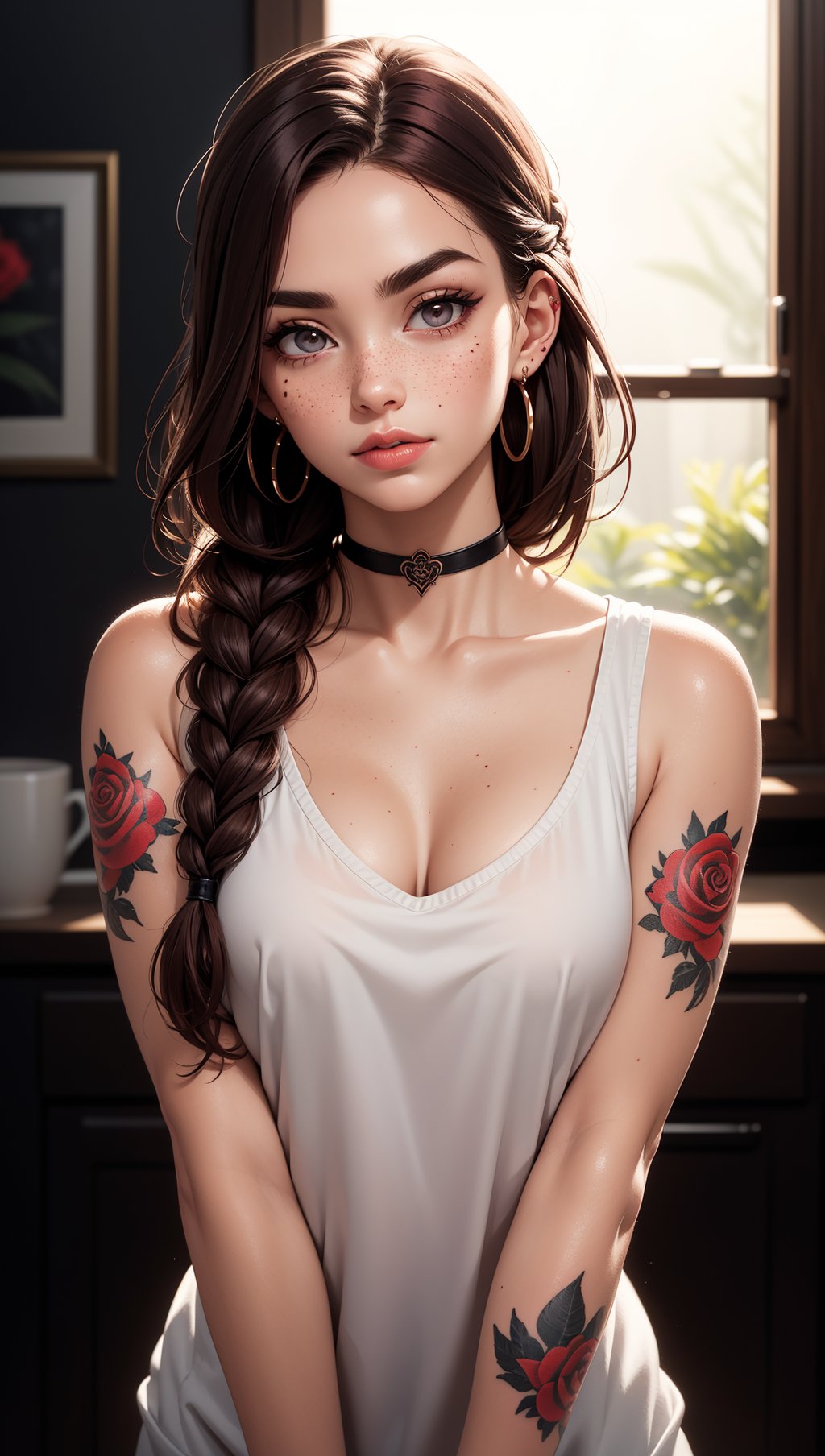 SFW,highest quality,woman,27 year old,backlighting,black choker,blurry background,blush,closed mouth,collarbone,earrings,forehead,freckles,hair over shoulder,jewelry,long hair,looking down,pointy nose,lips glossy,shadow,solo,thick eyebrows,thick eyelashes,upper body,red hair,braids,tattoos,tattoos on arms,black rose tattoos on neck,sun beams,warm light,cozy,((masterpiece)),