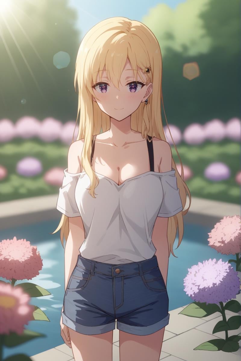 score_9, score_8_up, score_7_up, score_6_up, score_5_up, score_4_up, BREAK source_anime, 1girl, solo,<lora:AyaseSakiXL-v1-07:0.7>, ChopioAyase, long hair, blonde hair, shiny hair, hair between eyes, purple eyes, highly detailed eyes, hair clip, looking at viewer, long hair, (side braid:1.1),outdoors, garden, flowers, pond, standing, seductive smile,cleavage, strap, bare shoulders, denim shorts, loose white shirt, arms behind back, sunny, sunlight, light rays, lens flare, (depth of field:1.3), bokeh,