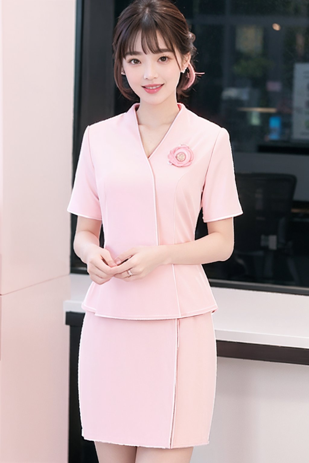 HDR,UHD,8K,best quality,masterpiece,Highly detailed,Studio lighting,ultra-fine painting,sharp focus,physically-based rendering,extreme detail description,Professional,masterpiece, best quality,delicate,beautiful,(1girl:2),(pink office_lady_uniform:1.5),(looking_at_viewer:1.2), realistic,(blunt bangs:1.2),(standing:1),office background,(Half-length photo:1),(smile:1),