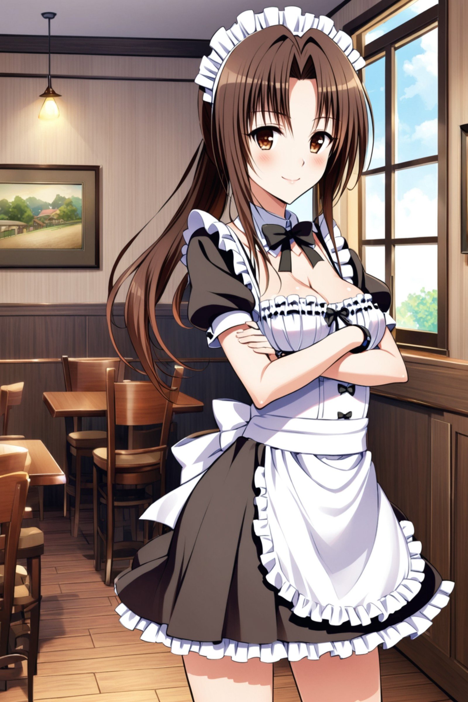 Kujou Rin,1girl,solo,breasts,long hair,brown hair,crossed arms,cleavage,smile,apron,maid,short sleeves,frills,brown eyes,looking at viewer,medium breasts,ponytail,maid headdress,ribbon,waist apron,cowboy shot,bow,wrist cuffs,white apron,blush,skirt,standing,black skirt,frilled skirt,frilled apron,closed mouth,bangs,black bow,detached collar,puffy sleeves,black ribbon,floating hair,shirt,puffy short sleeves,scrunchie,neck ribbon,hair intakes,sidelocks,bowtie,parted bangs,dress,indoors,coffee house,<lora:Yabuki Kentarou_XL_netaArt:0.8>,