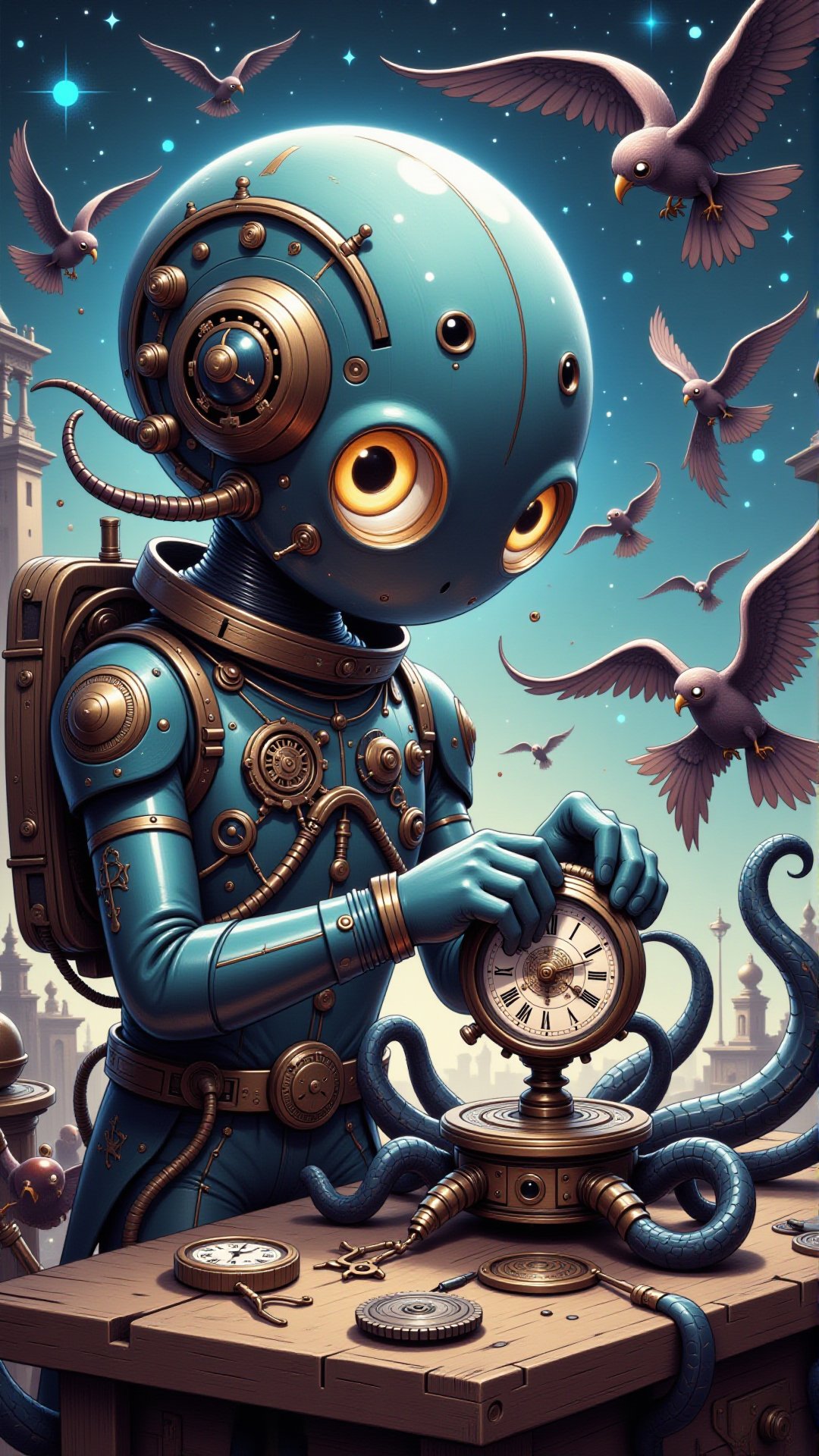 A futuristic astronaut, Steampunk, ((octopus)), with a flock of clockwork birds silhouetted against a nebula, Iridescent sheen that gives the metallic wings a mesmerizing and otherworldly glow, carefully repairs a delicate timepiece.