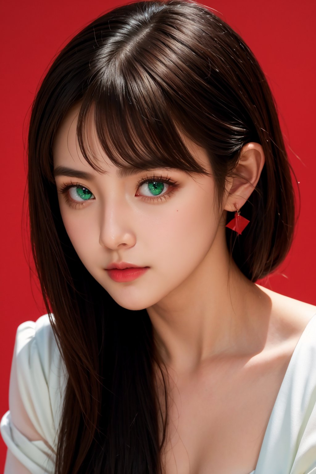 <lora:AgainEyes:1.5>,1girl,black hair,portrait,(white dress:1.2),green eyes,shining eyes,(red simple background:1.3),