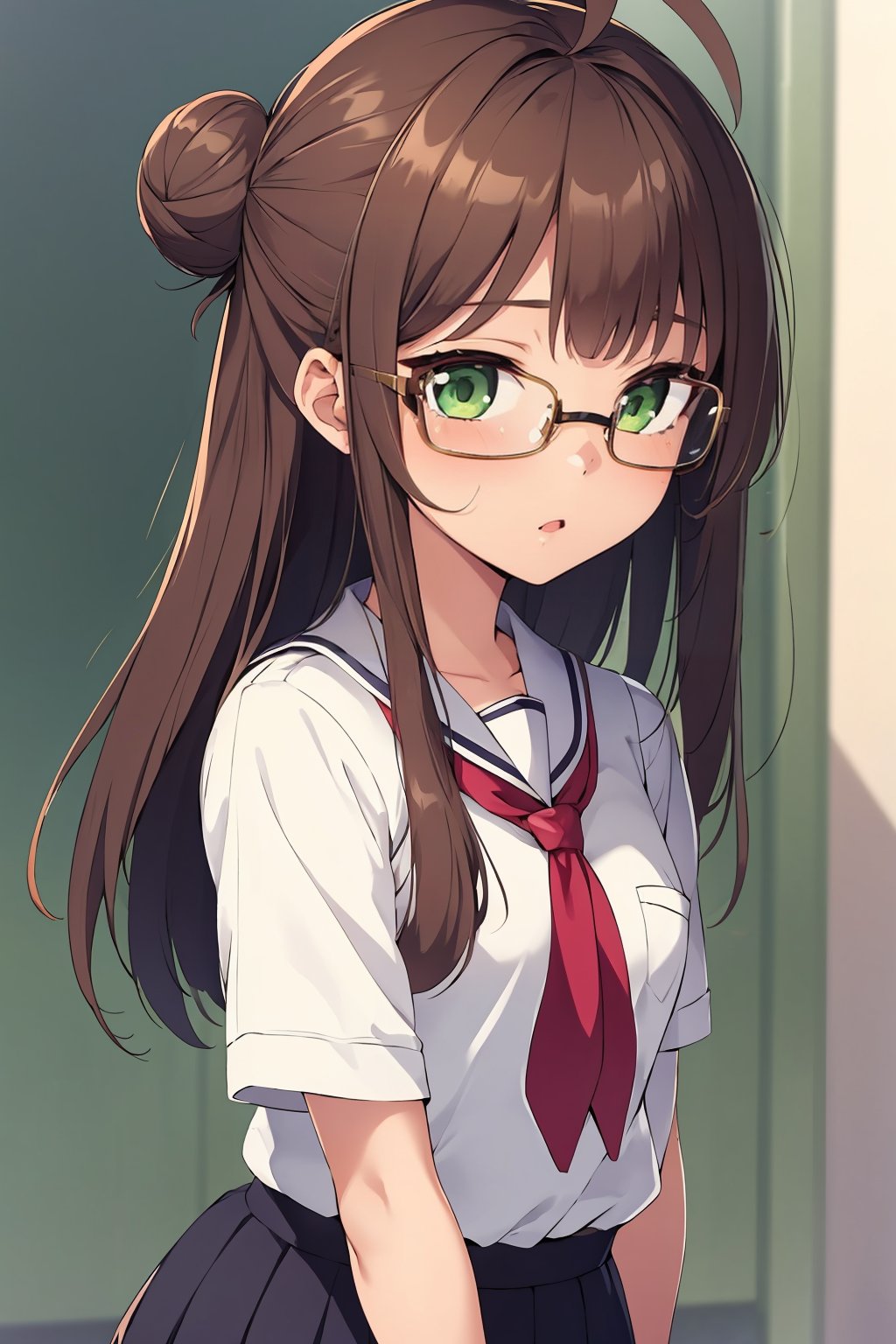 1girl, standing, upper body, glasses, pettite, long hair, bangs, brown hair, green eyes, small breasts, hair bun, ahoge, mole under eye,  school uniform, 