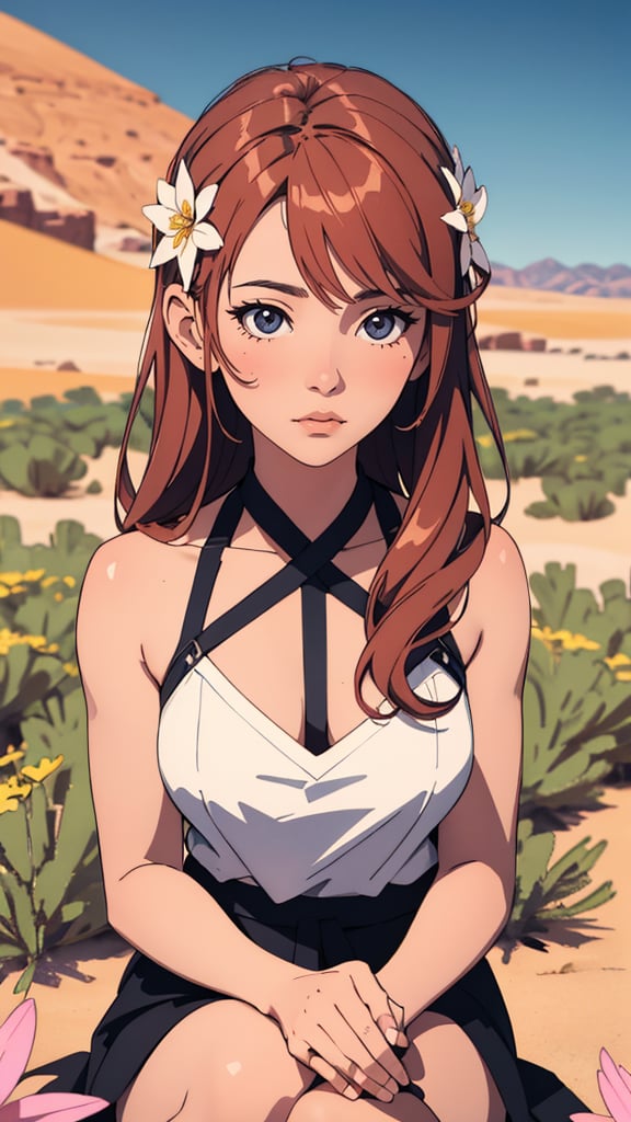 serene photo, 1 young cute girl, in deep meditation, sitting cross-legged, (desert oasis:1.1), surrounded by blooming desert flowers, harmonizing with the Nature, spiritual retreat, transcendent tranquility, desert enlightenment, Absurdres, ultra detailed illustration, extremely detailed face, film grain, (cinematic),