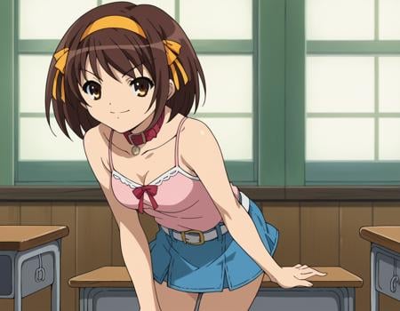 score_9, score_8_up, score_7_up, source_anime,haruhisuzumiya,  <lora:haruhi-suzumiya-s1-ponyxl-lora-nochekaiser:1>,haruhi suzumiya, short hair, brown hair, brown eyes, hairband, medium hair, ribbon, hair ribbon,skirt, casual, camisole, pink camisole, bare shoulders, collar bone, belt, white belt, skirt, denim skirt, short skirt,indoors, classroom, bent over, smile,looking at viewer, cowboy shot, solo,