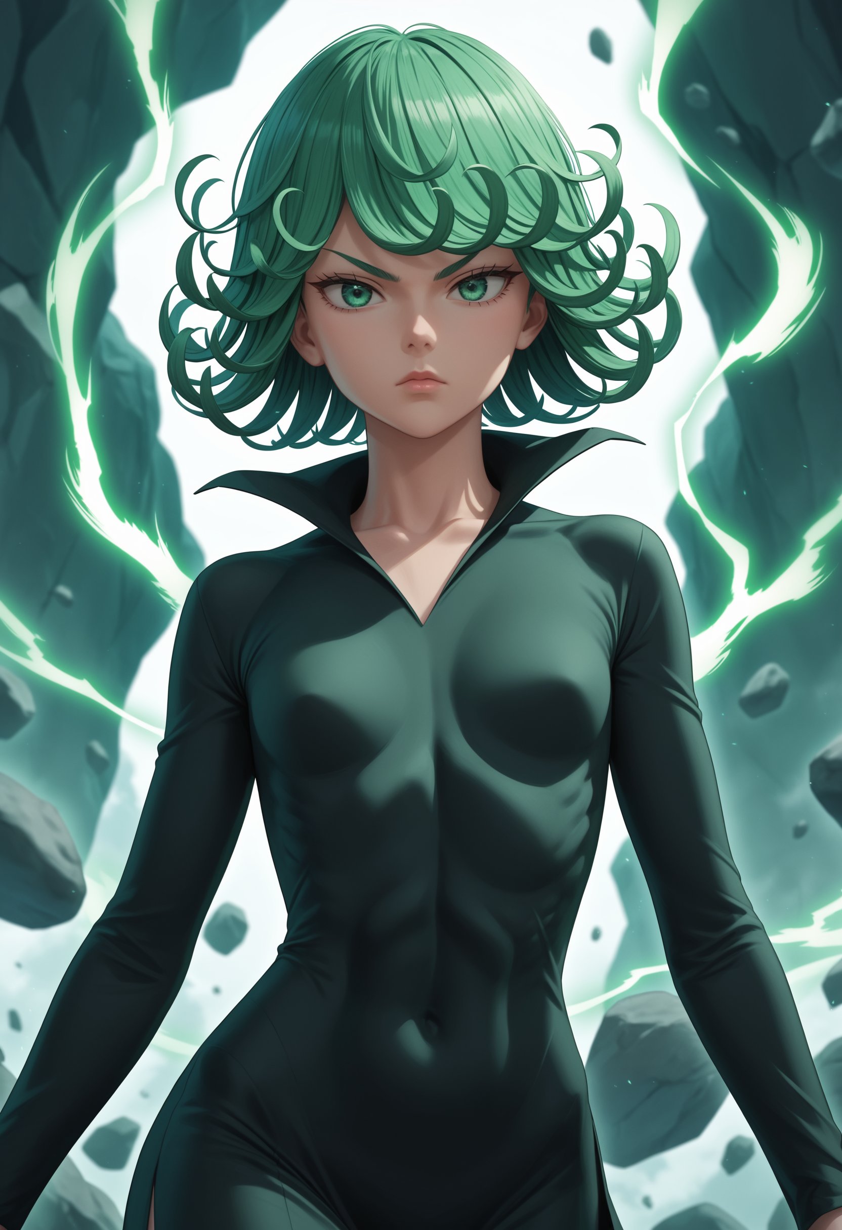 score_9, score_8_up, score_7_up, source_anime,1girl, tatsumaki, one-punch man, green hair, green eyes, aura, black dress, telekinesis, floating, rock, serious, standing, upper body, looking at viewer,