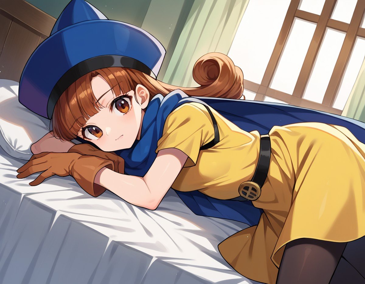 score_9, score_8_up, score_7_up, source_anime,dqalena, <lora:dq-alena-ponyxl-lora-nochekaiser:1>,alena, brown eyes, brown hair, curly hair, long hair,cape, dress, gloves, hat, pantyhose, yellow dress, scarf, short sleeves,indoors, bed, bed room, on side,looking at viewer, dutch angle, cowboy shot,