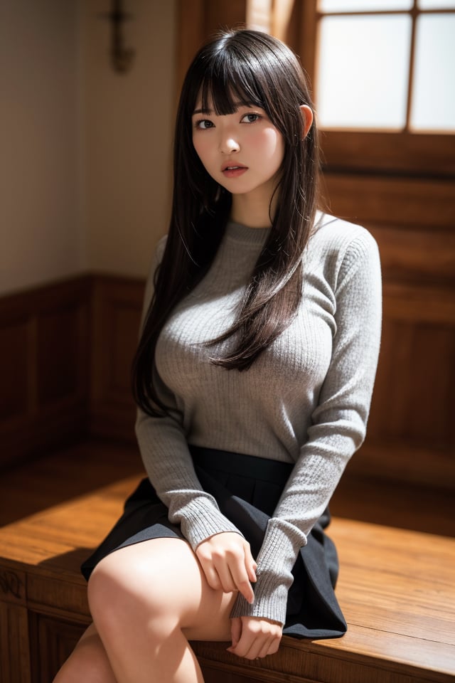 1girl,solo,long hair,sitting,skirt,sweater,bangs,looking at viewer,lips,window,black skirt,long sleeves,closed mouth,grey sweater,brown hair,blunt bangs,indoors,black hair,best quality,masterpiece,illustration,an extremely delicate and beautiful,CG,unity,8k wallpaper,Amazing,finely detail,masterpiece,official art,extremely detailed CG unity 8k wallpaper,incredibly absurdres,huge filesize,ultra-detailed,highres,extremely detailed,beautiful detailed girl,realistic,light contrast,,<lora:Suzuka Sayama_20240501225241:0.8>