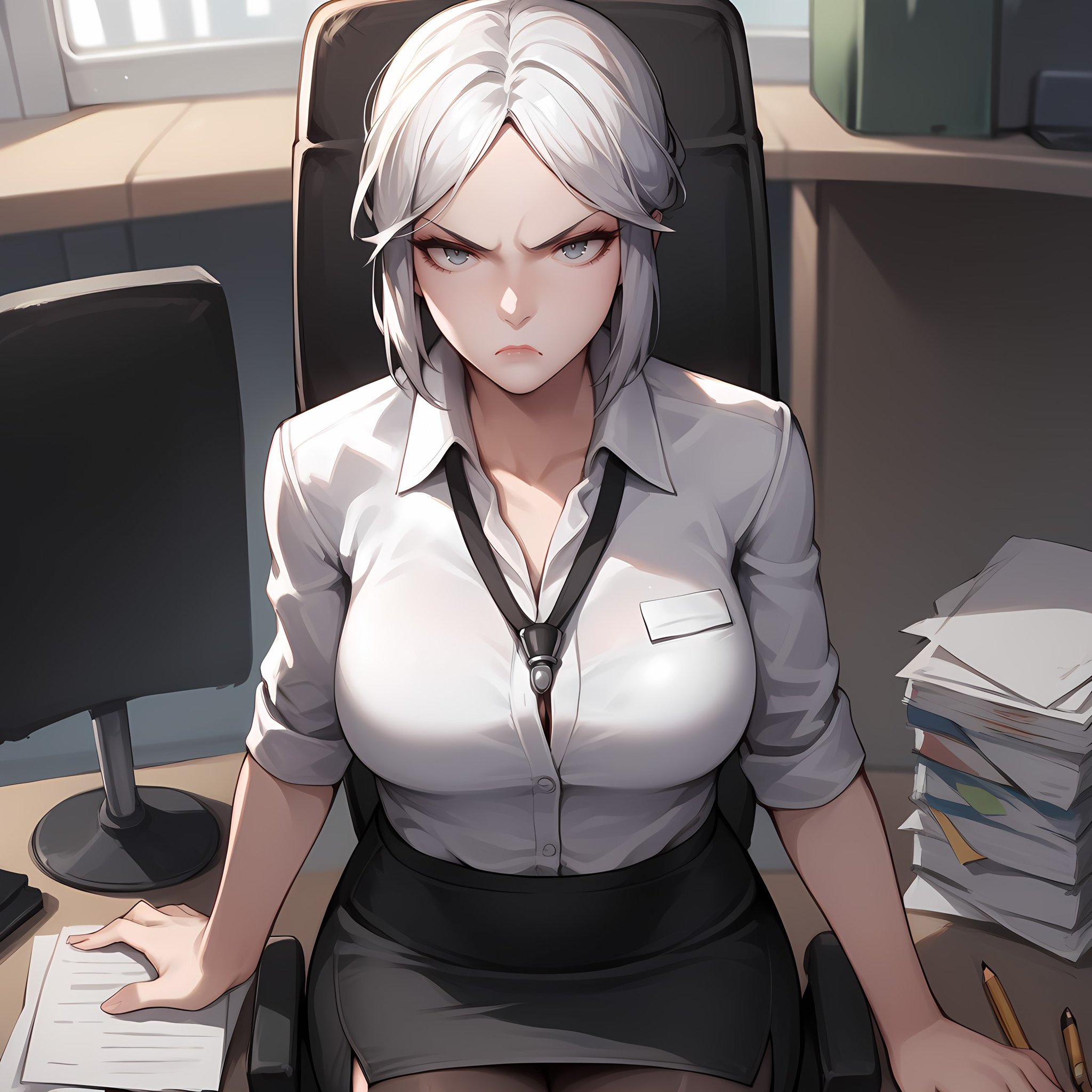 score_9,score_8_up,score_7_up,score_6_up,source_anime,rating_questionable,solo, 1girl, annoyed, confused, office, <lora:Lady_Maria_of_The_Astral_Clocktower_-_Bloodborne:0.8> lady maria, white hair, grey eyes, office lady, pencil skirt, zPDXL2,