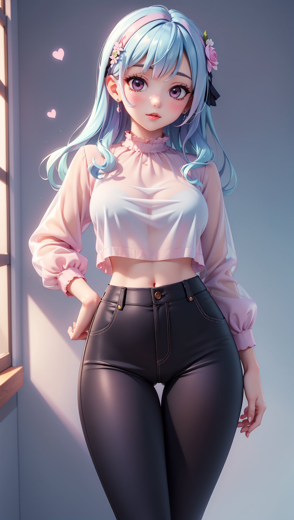 (1girl:1.2),(masterpiece:1.4, best quality),medium breasts,(intricate details),unity 8k wallpaper,ultra detailed,(pastel colors:1.3),beautiful and aesthetic,see-through (clothes),detailed,solo,shiny black trousers,